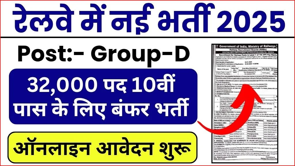 RRB Group D Recruitment 2025 Out Notification: आरआरबी ग्रुप डी भर्ती 2025 के लिये 32438 पदों पर विज्ञप्ति जारी अंतिम तिथि 22 फरवरी जल्दी आवेदन करे